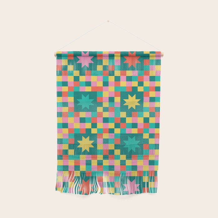 Colorful Quilt Plaid geometric pattern teal and pink Wall Hanging Gallery Image 1