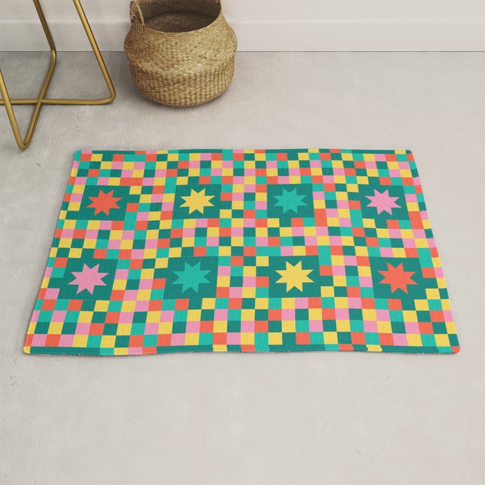 Colorful Quilt Plaid geometric pattern teal and pink Rug Gallery Image 1