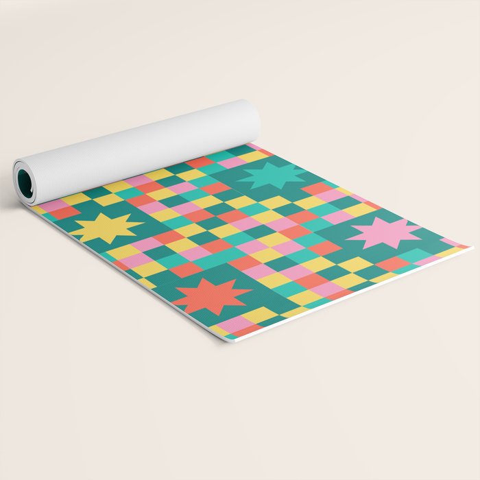 Colorful Quilt Plaid geometric pattern teal and pink Yoga Mat Gallery Image 2