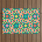Colorful Quilt Plaid geometric pattern teal and pink Outdoor Rug Gallery Image 1