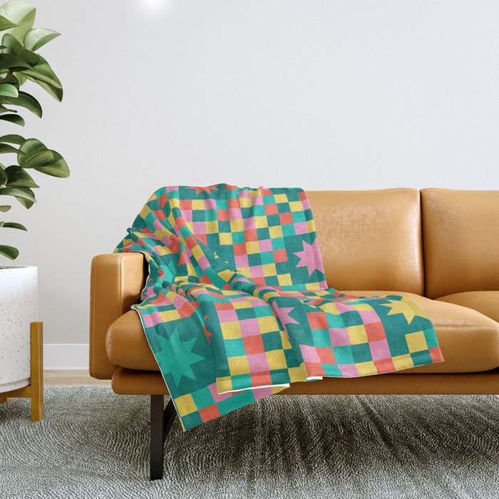 Colorful Quilt Plaid geometric pattern teal and pink Throw Blanket Gallery Image 1
