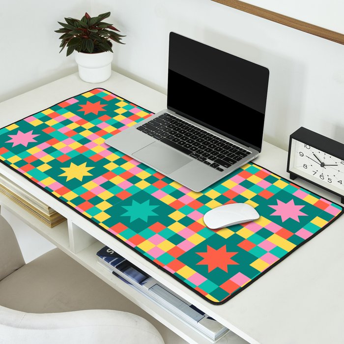 Colorful Quilt Plaid geometric pattern teal and pink Desk Mat Gallery Image 2