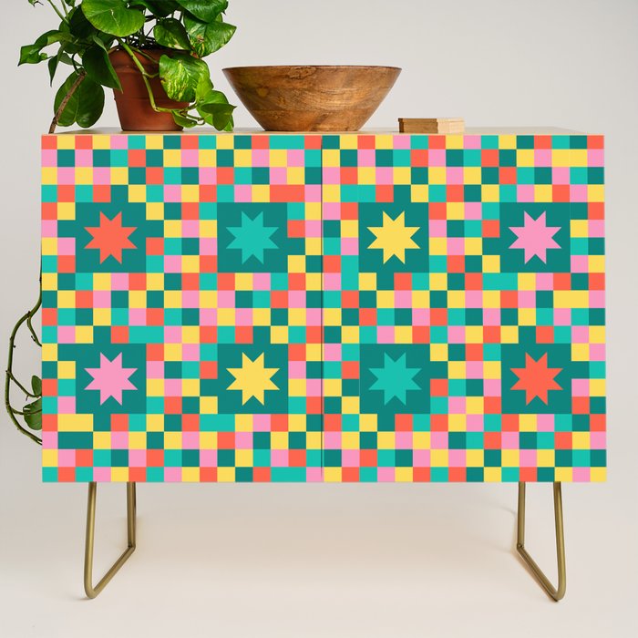 Colorful Quilt Plaid geometric pattern teal and pink Credenza Gallery Image 1