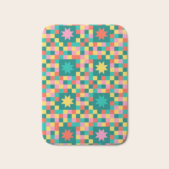 Colorful Quilt Plaid geometric pattern teal and pink Bath Mat Gallery Image 1