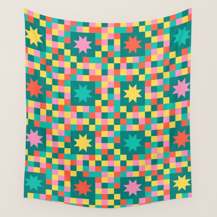 Colorful Quilt Plaid geometric pattern teal and pink Wall Tapestry Gallery Image 4