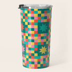 Colorful Quilt Plaid geometric pattern teal and pink Travel Mug Gallery Image 3
