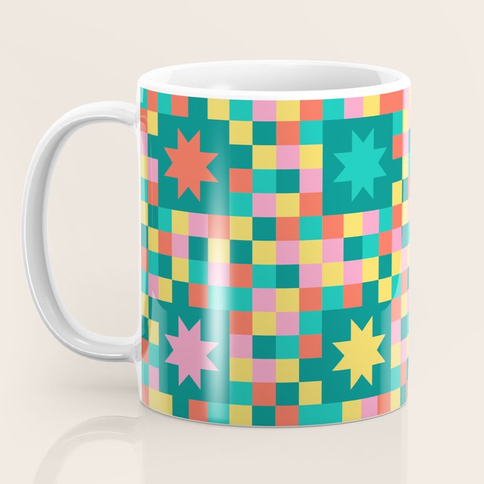 Colorful Quilt Plaid geometric pattern teal and pink Coffee Mug Gallery Image 3