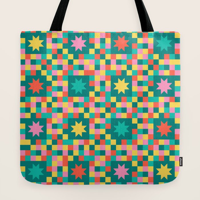 Colorful Quilt Plaid geometric pattern teal and pink Tote Bag Gallery Image 2