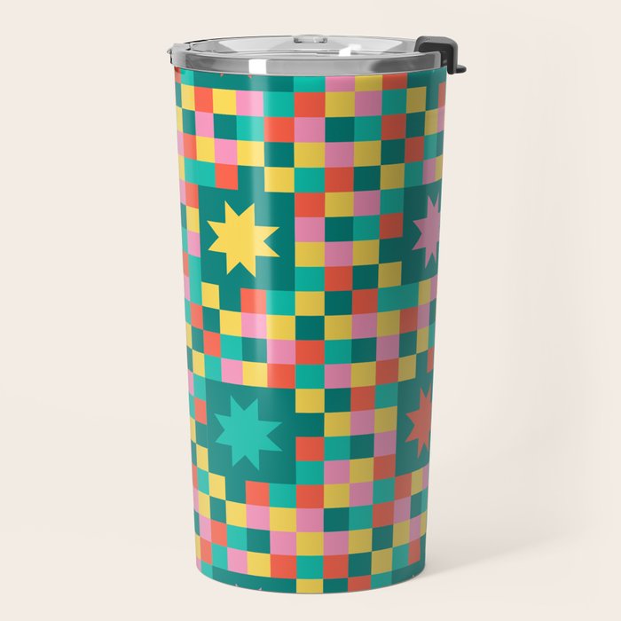 Colorful Quilt Plaid geometric pattern teal and pink Travel Mug Gallery Image 2