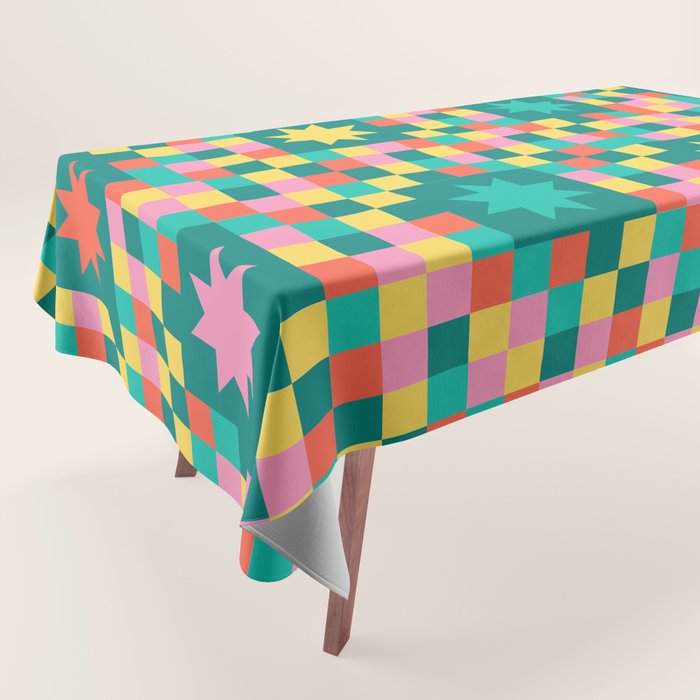 Colorful Quilt Plaid geometric pattern teal and pink Tablecloth Gallery Image 1