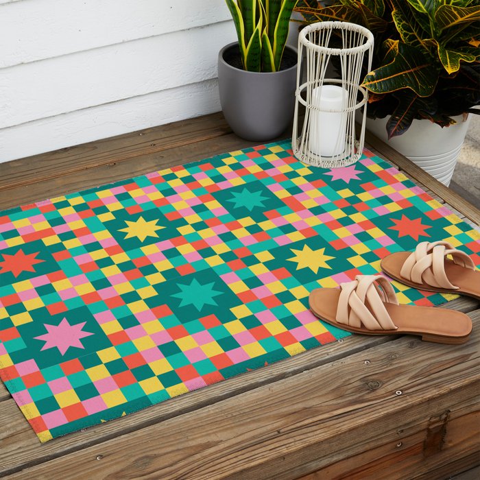 Colorful Quilt Plaid geometric pattern teal and pink Outdoor Rug Gallery Image 2