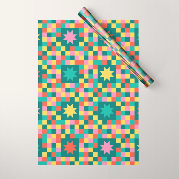 Colorful Quilt Plaid geometric pattern teal and pink Wrapping Paper Gallery Image 1