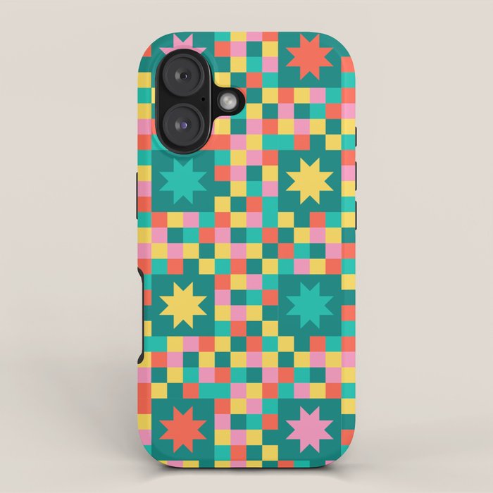 Colorful Quilt Plaid geometric pattern teal and pink iPhone Case Gallery Image 1