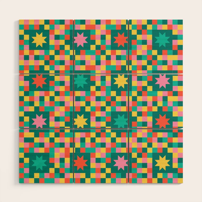 Colorful Quilt Plaid geometric pattern teal and pink Wood Wall Art Gallery Image 1