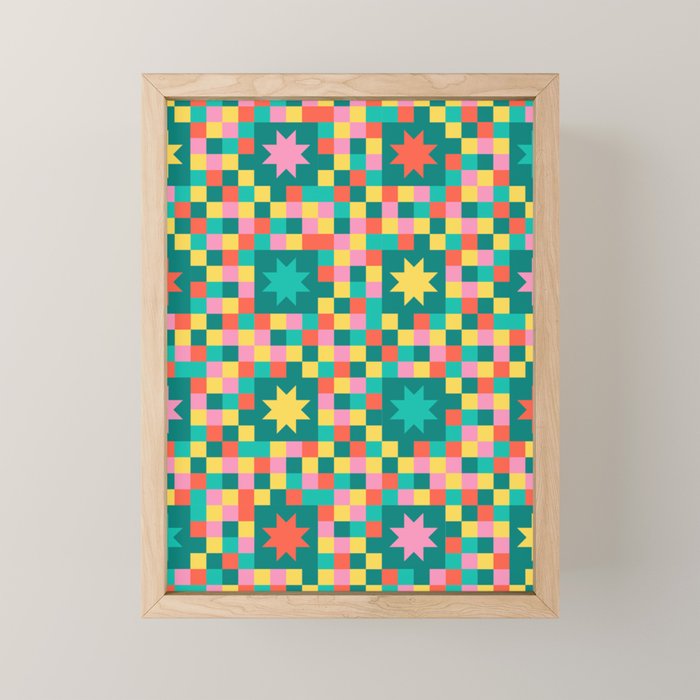 Colorful Quilt Plaid geometric pattern teal and pink Mini Art Print Gallery Image 1
