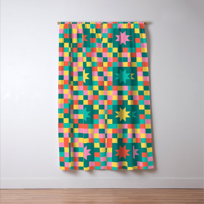 Colorful Quilt Plaid geometric pattern teal and pink Window Curtain Gallery Image 3