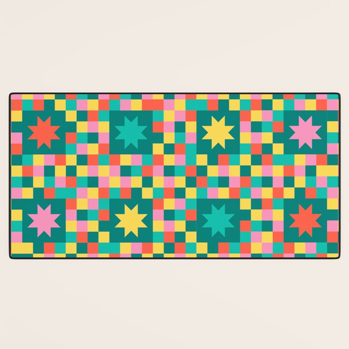 Colorful Quilt Plaid geometric pattern teal and pink Desk Mat Gallery Image 3