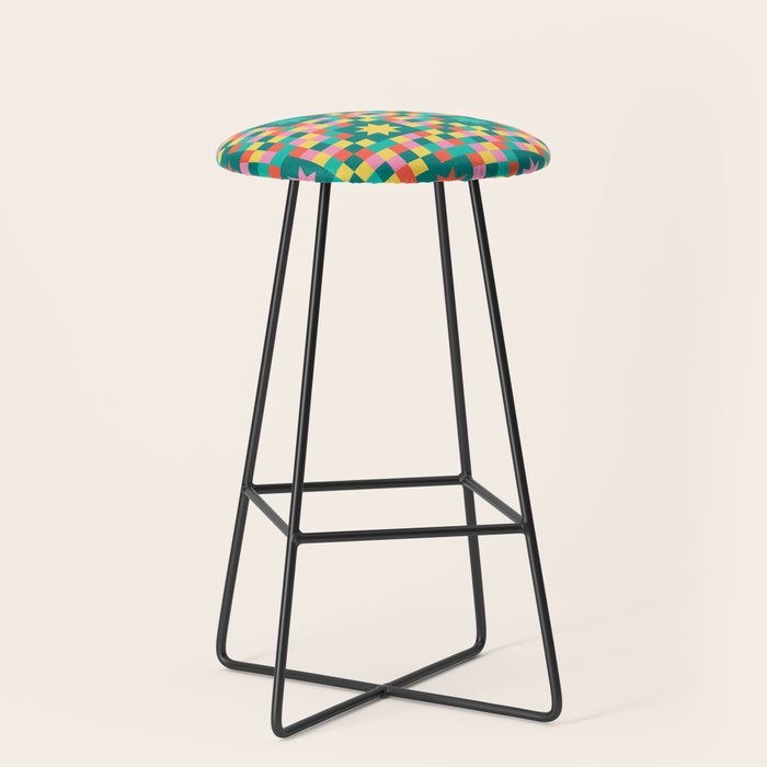 Colorful Quilt Plaid geometric pattern teal and pink Stool Gallery Image 1