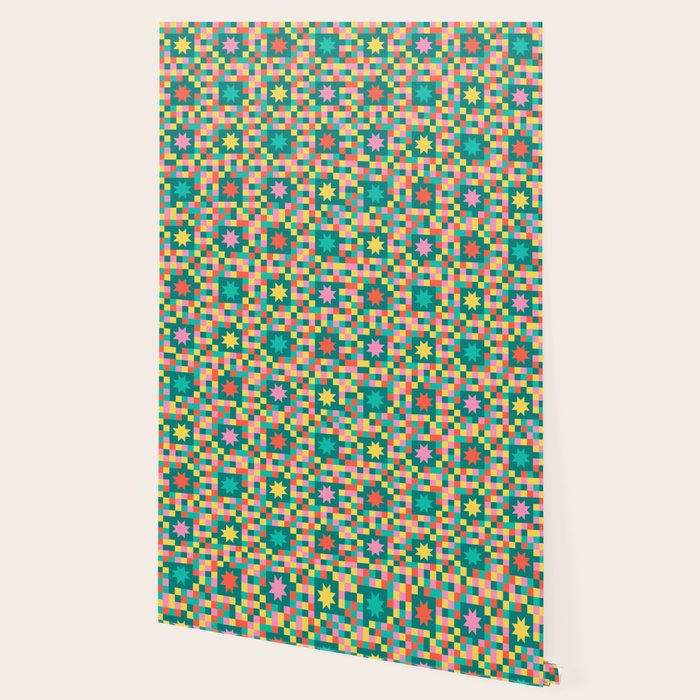 Colorful Quilt Plaid geometric pattern teal and pink Wallpaper Gallery Image 2