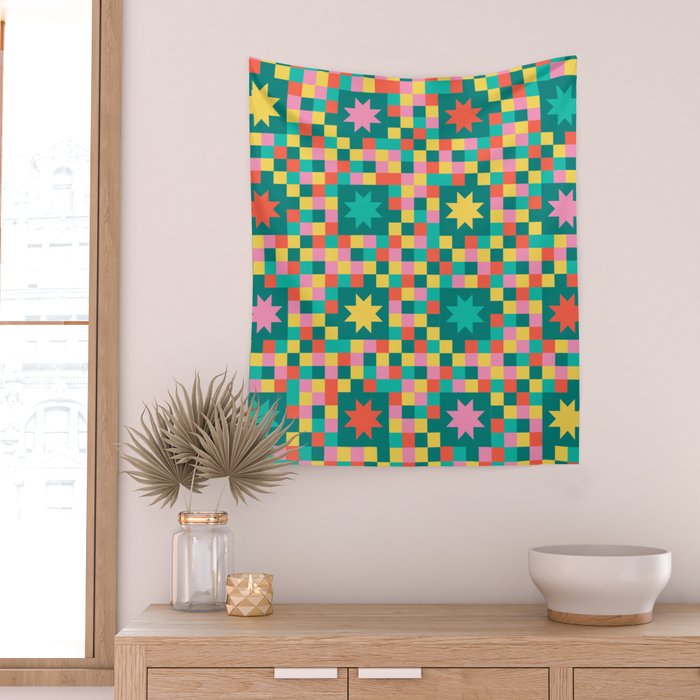 Colorful Quilt Plaid geometric pattern teal and pink Wall Tapestry Gallery Image 2
