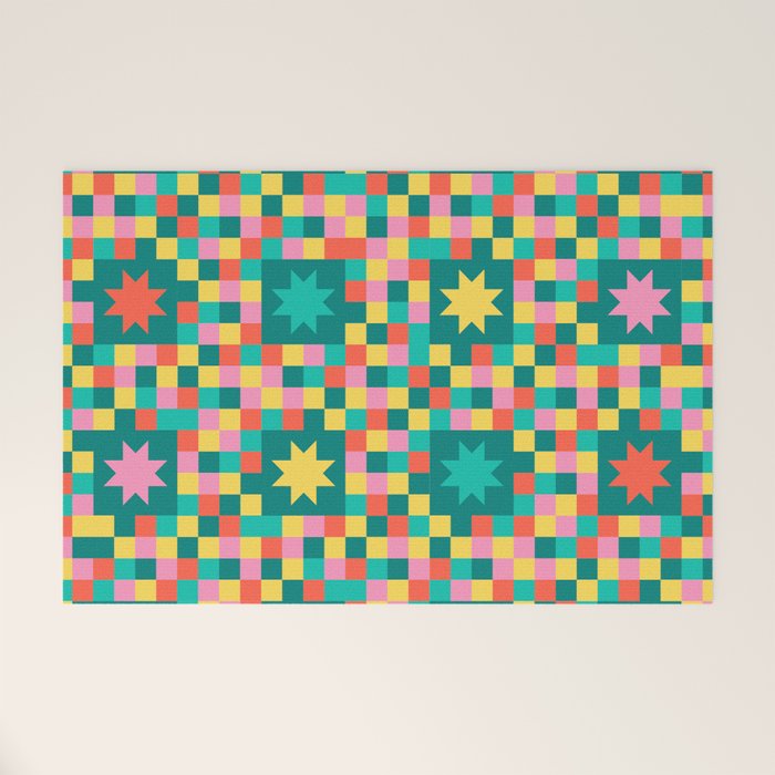 Colorful Quilt Plaid geometric pattern teal and pink Welcome Mat Gallery Image 1