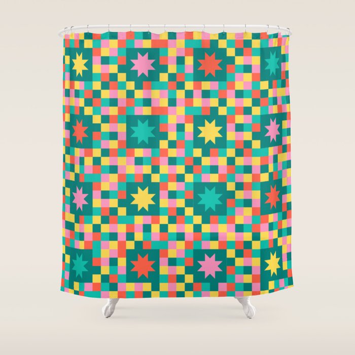 Colorful Quilt Plaid geometric pattern teal and pink Shower Curtain Gallery Image 1
