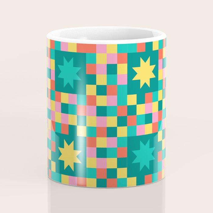 Colorful Quilt Plaid geometric pattern teal and pink Coffee Mug Gallery Image 4