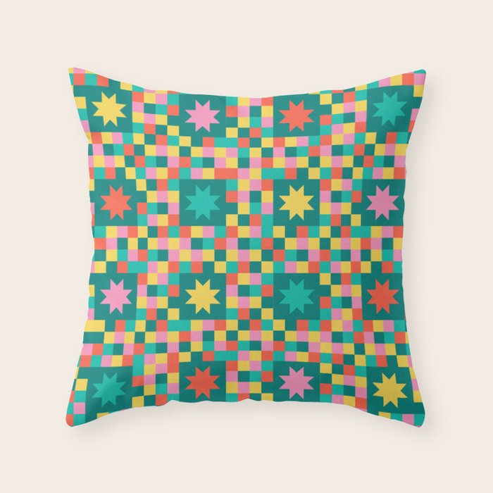 Colorful Quilt Plaid geometric pattern teal and pink Throw Pillow Gallery Image 6