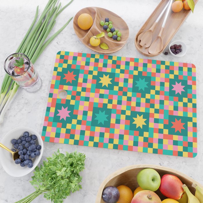 Colorful Quilt Plaid geometric pattern teal and pink Cutting Board Gallery Image 2