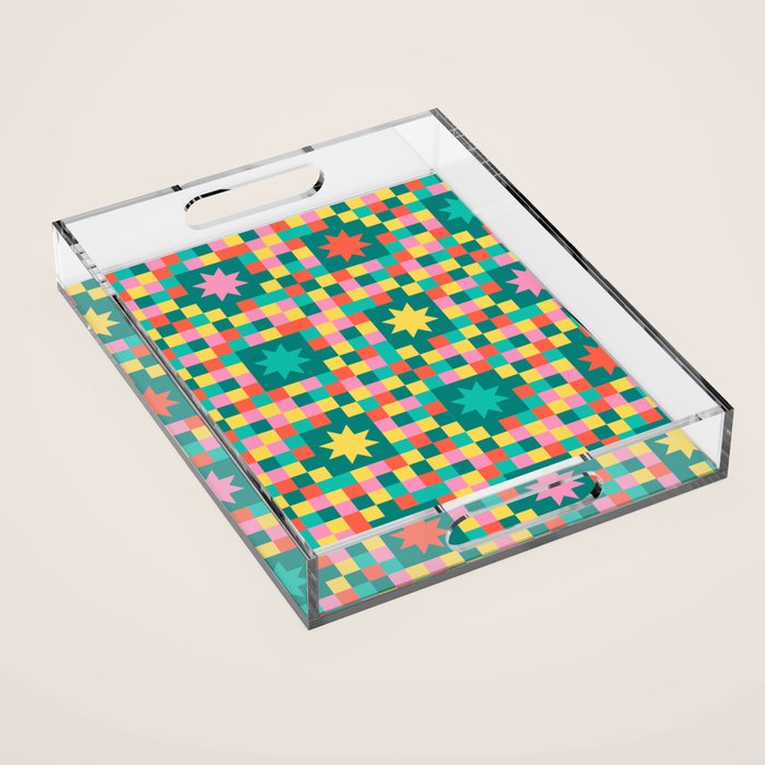 Colorful Quilt Plaid geometric pattern teal and pink Acrylic Tray Gallery Image 1