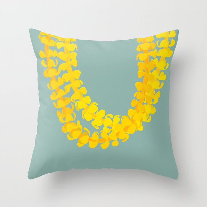 Puakenikeni lei drape on blue Throw Pillow Gallery Image 1