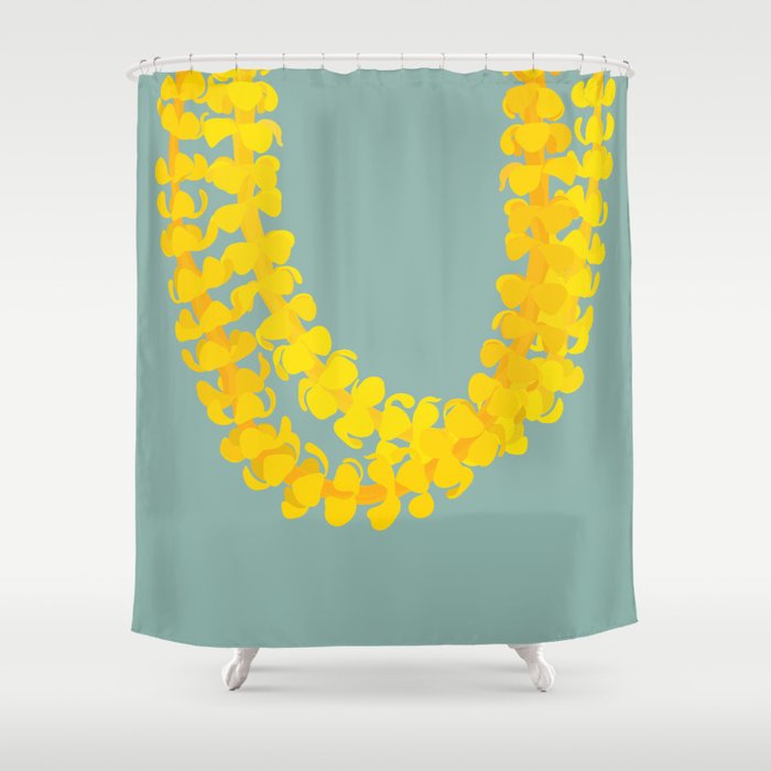 Puakenikeni lei drape on blue Shower Curtain Gallery Image 1
