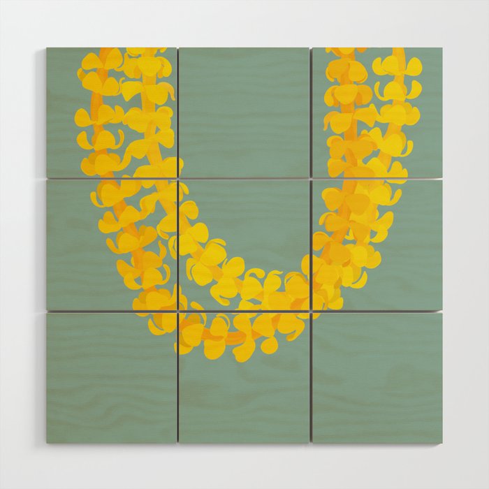 Puakenikeni lei drape on blue Wood Wall Art Gallery Image 1