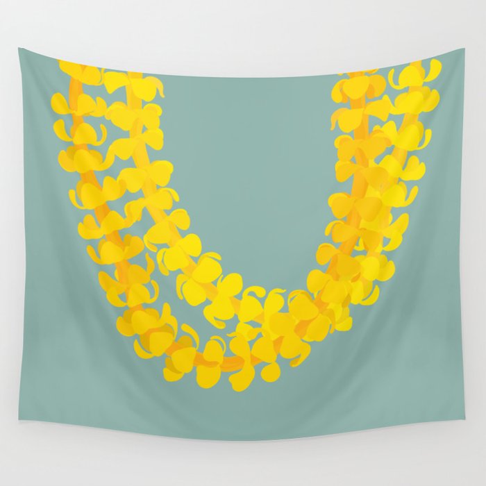 Puakenikeni lei drape on blue Wall Tapestry Gallery Image 1