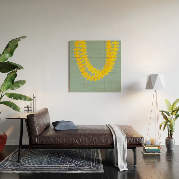 Puakenikeni lei drape on blue Wood Wall Art Gallery Image 2