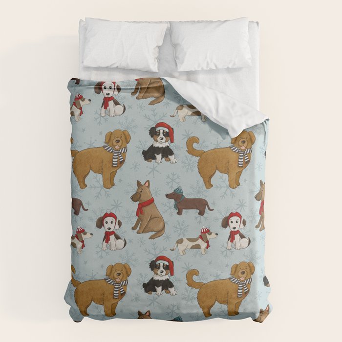 Christmas Puppies, Holiday Dog Print, Cute Puppy Pattern, Winter Pups Duvet Cover Gallery Image 6