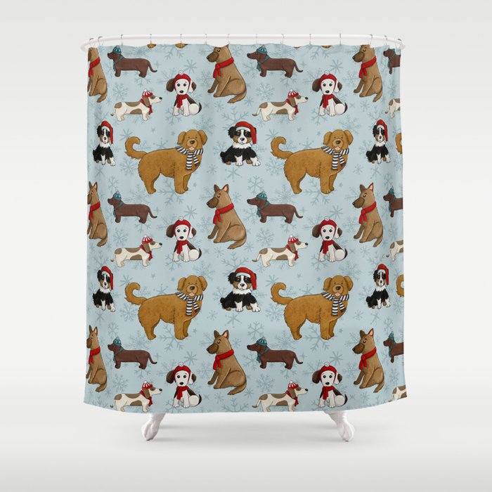 Christmas Puppies, Holiday Dog Print, Cute Puppy Pattern, Winter Pups Shower Curtain Gallery Image 1