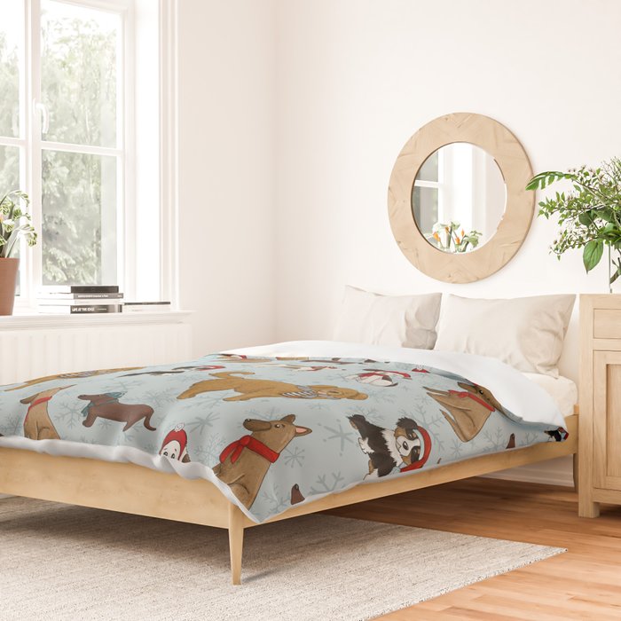 Christmas Puppies, Holiday Dog Print, Cute Puppy Pattern, Winter Pups Duvet Cover Gallery Image 2