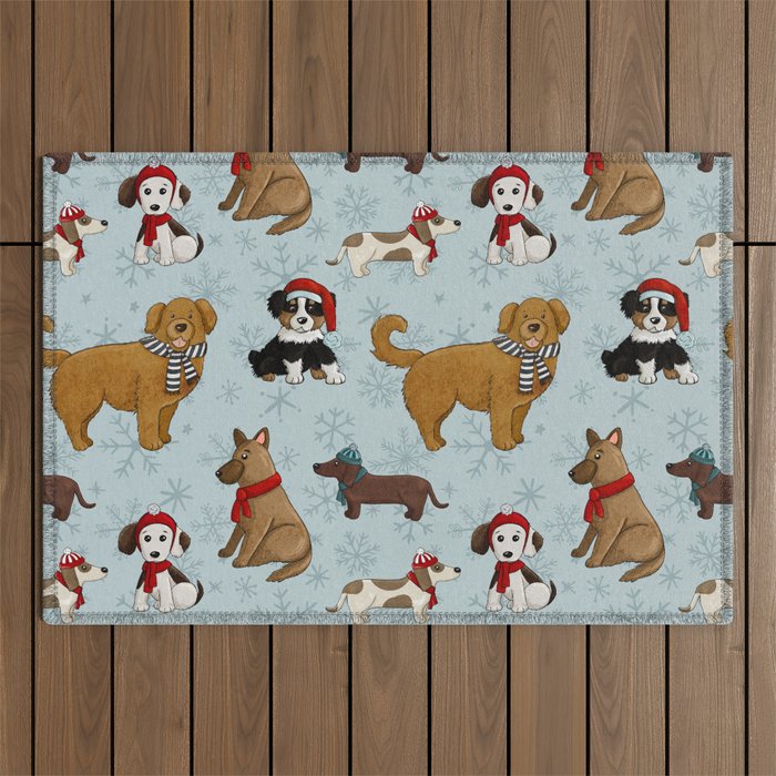 Christmas Puppies, Holiday Dog Print, Cute Puppy Pattern, Winter Pups Outdoor Rug Gallery Image 1