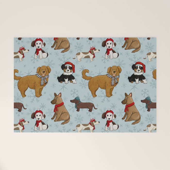 Christmas Puppies, Holiday Dog Print, Cute Puppy Pattern, Winter Pups Welcome Mat Gallery Image 1