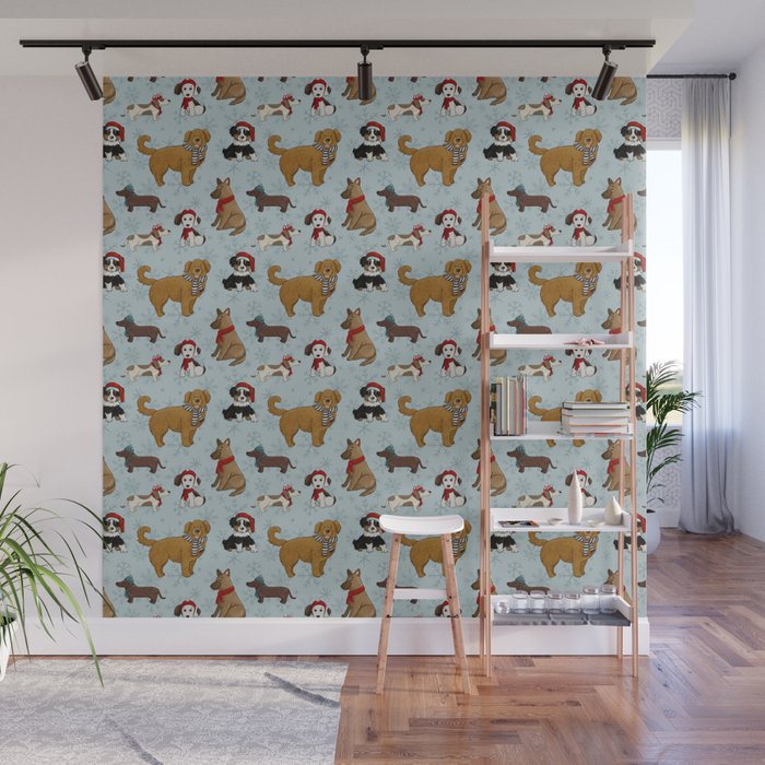 Christmas Puppies, Holiday Dog Print, Cute Puppy Pattern, Winter Pups Wall Mural Gallery Image 1