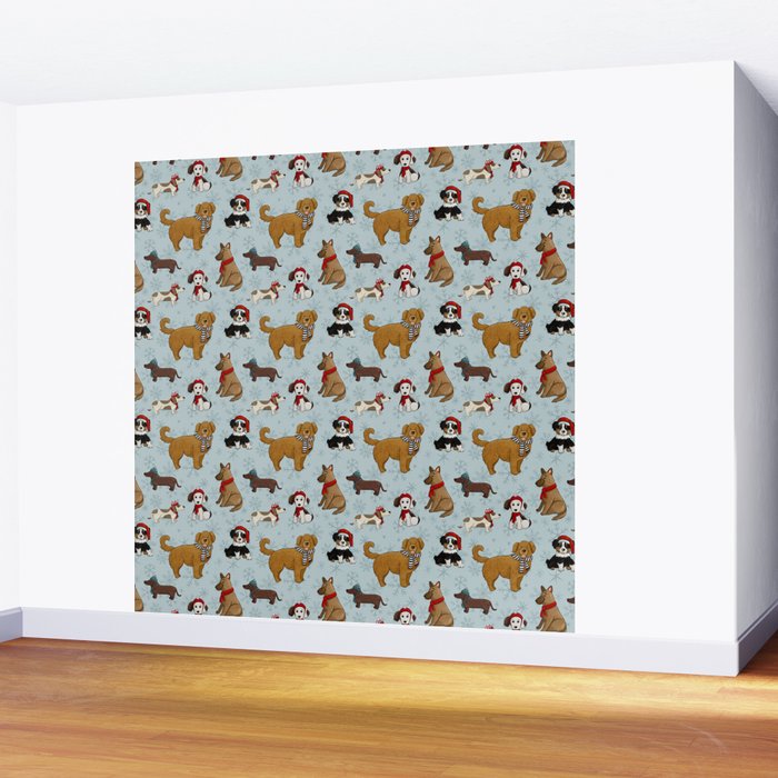 Christmas Puppies, Holiday Dog Print, Cute Puppy Pattern, Winter Pups Wall Mural Gallery Image 2