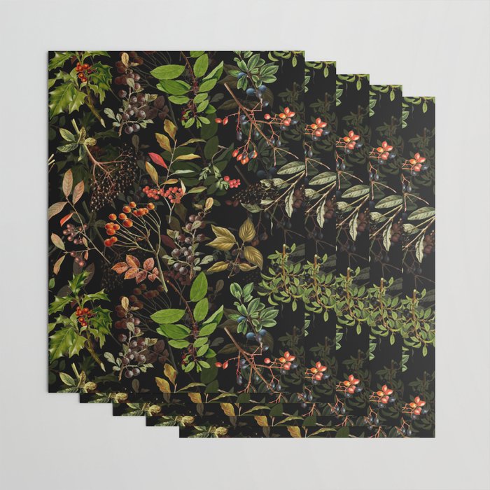 Vintage & Shabby Chic - vintage botanical wildflowers and berries on black Wrapping Paper Gallery Image 3