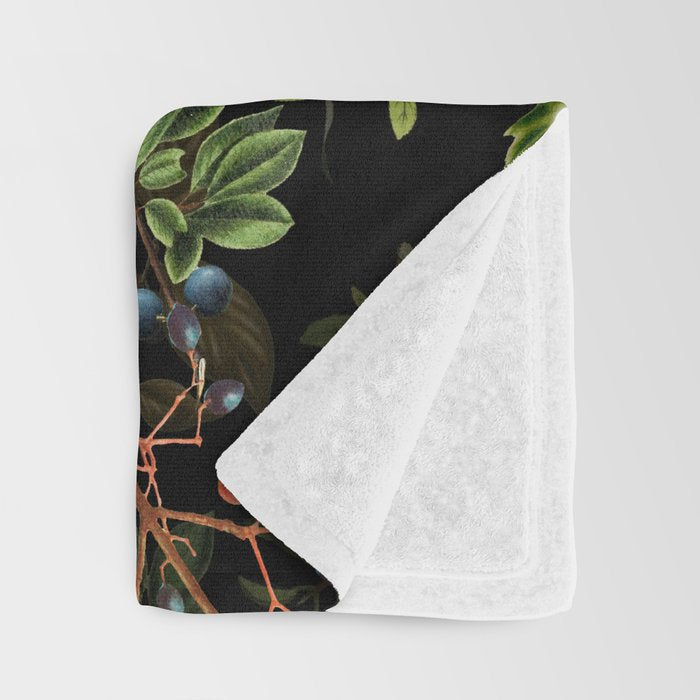 Vintage & Shabby Chic - vintage botanical wildflowers and berries on black Throw Blanket Gallery Image 3