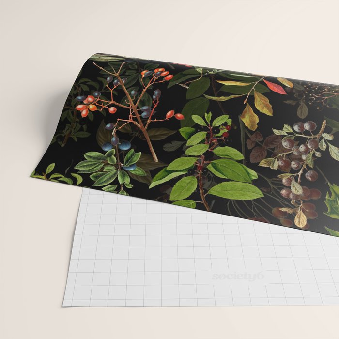 Vintage & Shabby Chic - vintage botanical wildflowers and berries on black Wrapping Paper Gallery Image 2