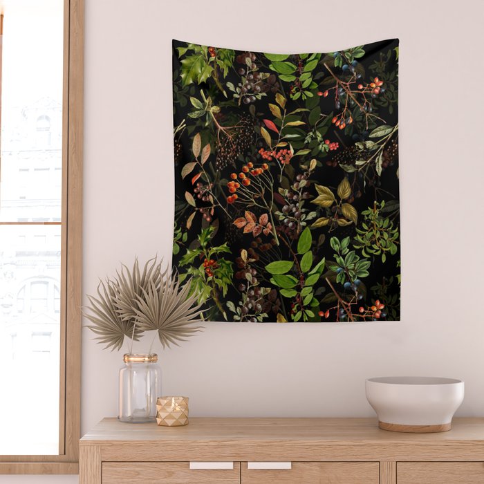 Vintage & Shabby Chic - vintage botanical wildflowers and berries on black Wall Tapestry Gallery Image 2