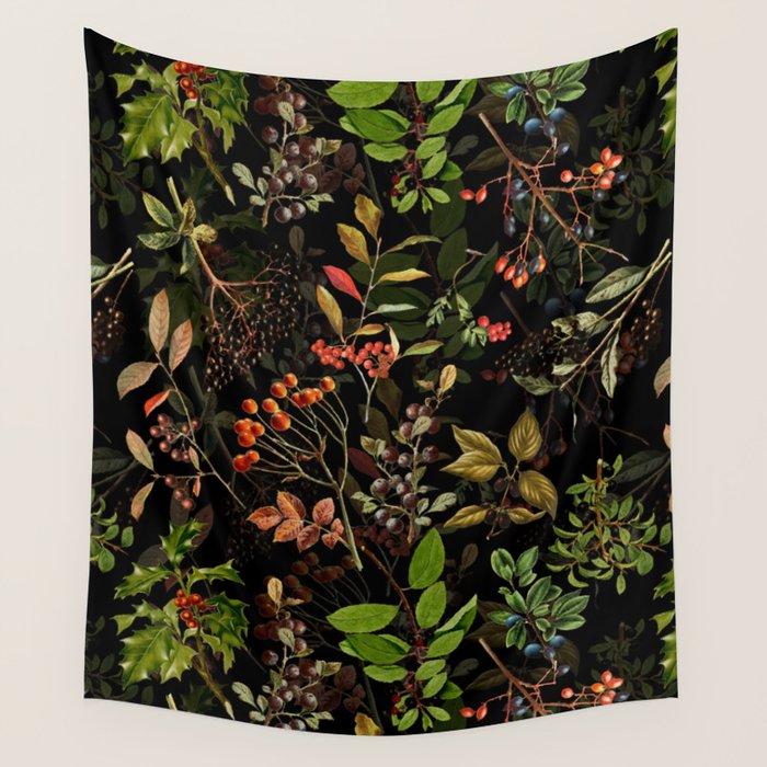 Vintage & Shabby Chic - vintage botanical wildflowers and berries on black Wall Tapestry Gallery Image 1
