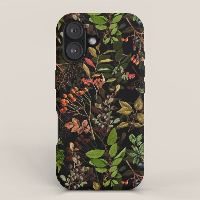 Vintage & Shabby Chic - vintage botanical wildflowers and berries on black iPhone Case Gallery Image 1