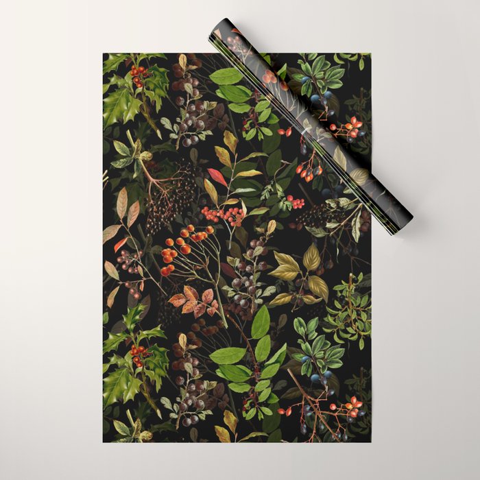 Vintage & Shabby Chic - vintage botanical wildflowers and berries on black Wrapping Paper Gallery Image 1