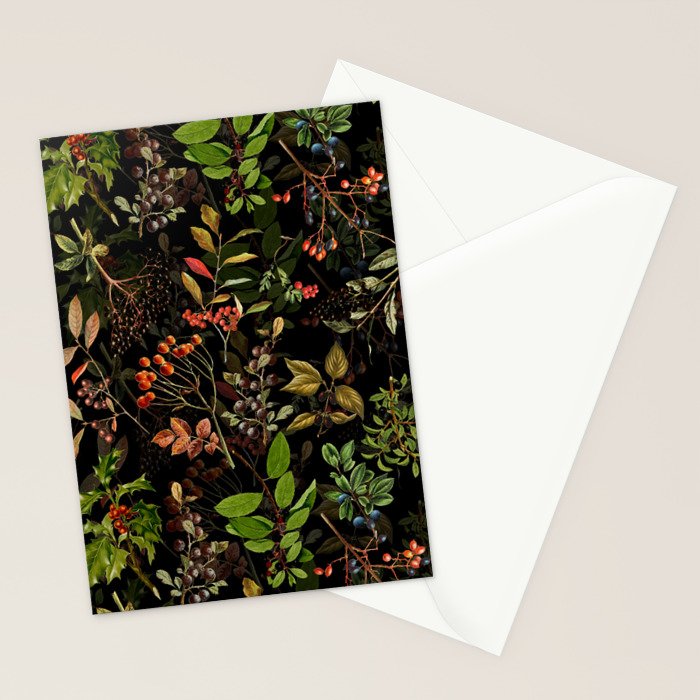 Vintage & Shabby Chic - vintage botanical wildflowers and berries on black Stationery Card Gallery Image 2